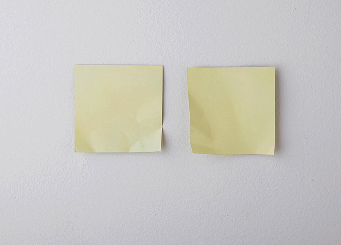 'Post it', 2010. Paint on brass, magnets, spray paint. Size: 3 x 3 inches. Ed. 5